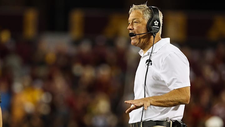 Sep 21, 2024; Minneapolis, Minnesota, USA; Iowa Hawkeyes head coach Kirk Ferentz looks on during the first half against the Minnesota Golden Gophers at Huntington Bank Stadium. Mandatory Credit: Matt Krohn-Imagn Images