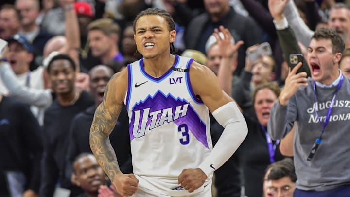 Nov 16, 2025; Salt Lake City, Utah, USA; Utah Jazz guard Keyonte George (3) reacts to his game winning shot during double overtime against the Chicago Bulls at Delta Center. Mandatory Credit: Peter Creveling-Imagn Images Nov 16, 2025; Salt Lake City, Utah, USA; Utah Jazz guard Keyonte George (3) reacts to his game winning shot during double overtime against the Chicago Bulls at Delta Center. Mandatory Credit: Peter Creveling-Imagn Images