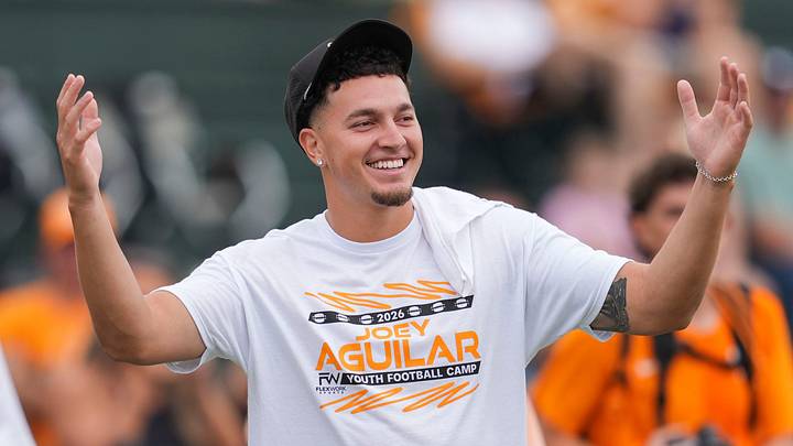 Former Tennessee football player Joey Aguilar smiles as he arrives at his Youth Football Camp at Webb School in Knoxville on July 11, 2026.
