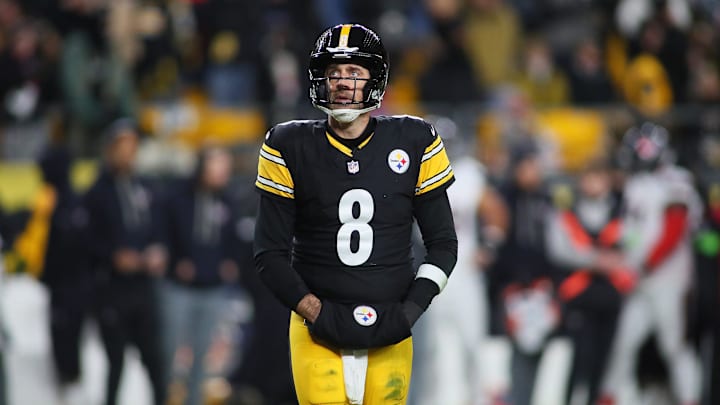 Pittsburgh Steelers quarterback Aaron Rodgers (8) looks on after being sacked during the first half of the NFL Wild Card game against the Houston Texans at Acrisure Stadium in Pittsburgh, PA on January 12, 2026. Pittsburgh Steelers quarterback Aaron Rodgers (8) looks on after being sacked during the first half of the NFL Wild Card game against the Houston Texans at Acrisure Stadium in Pittsburgh, PA on January 12, 2026.