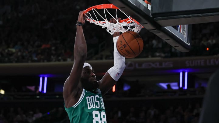 Oct 9, 2023; New York, New York, USA; Boston Celtics center Neemias Queta (88) dunks the ball during the first half against the New York Knicks at Madison Square Garden. Mandatory Credit: Vincent Carchietta-USA TODAY Sports