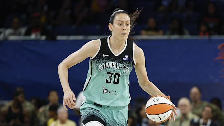 Sep 11, 2025; Chicago, Illinois, USA; New York Liberty forward Breanna Stewart (30) brings the ball up court against the Chicago Sky during the first half at Wintrust Arena. Mandatory Credit: Kamil Krzaczynski-Imagn Images