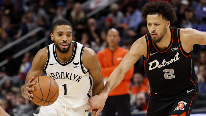 Dec 26, 2023; Detroit, Michigan, USA; Brooklyn Nets forward Mikal Bridges (1) dribbles while