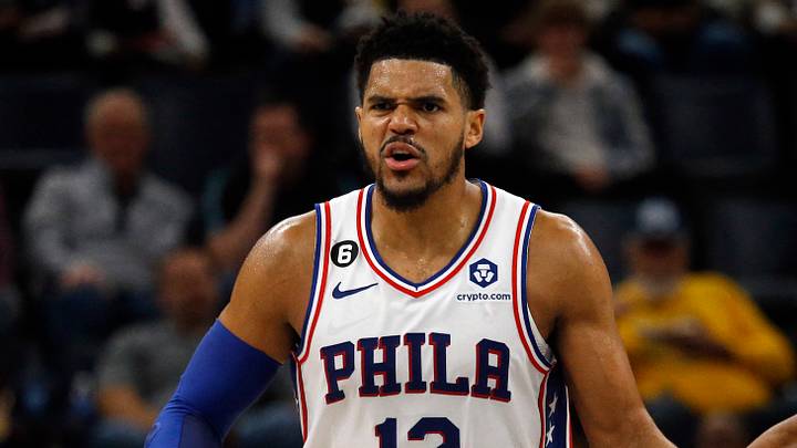 Dec 2, 2022; Memphis, Tennessee, USA; Philadelphia 76ers forward Tobias Harris (12) reacts after a basket during the second half against the Memphis Grizzlies at FedExForum. Mandatory Credit: Petre Thomas-USA TODAY Sports