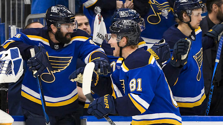 Mar 20, 2025; St. Louis, Missouri, USA;  St. Louis Blues center Dylan Holloway (81) is congratulated by defenseman Nick Leddy (4) after scoring against the Vancouver Canucks during the third period at Enterprise Center. Mandatory Credit: Jeff Curry-Imagn Images