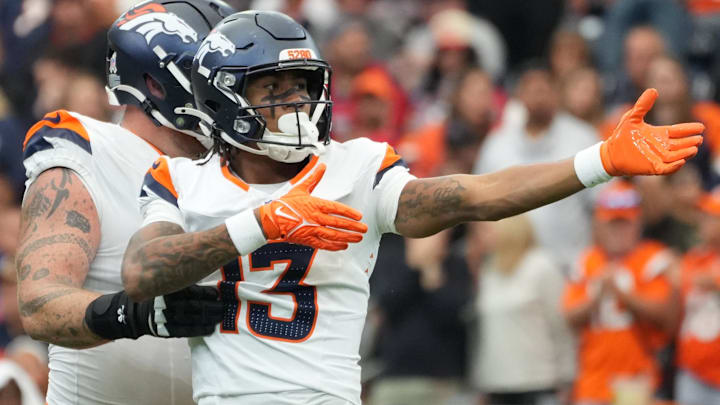 Nov 2, 2025; Houston, Texas, USA; Denver Broncos wide receiver Pat Bryant (13) celebrates after a first down during the second half against the Houston Texans at NRG Stadium. 