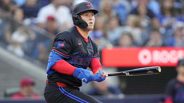 Jul 18, 2025; Toronto, Ontario, CAN; Toronto Blue Jays third baseman Will Wagner (7) hits a two run double against the San Francisco Giants during the second inning at Rogers Centre