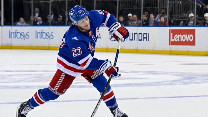 Oct 4, 2026; New York, New York, USA; New York Rangers defenseman Adam Fox (23) attempts a shot against the Utah Mammoth during the second period at Madison Square Garden. Mandatory Credit: Dennis Schneidler-Imagn Images Oct 4, 2026; New York, New York, USA; New York Rangers defenseman Adam Fox (23) attempts a shot against the Utah Mammoth during the second period at Madison Square Garden. Mandatory Credit: Dennis Schneidler-Imagn Images