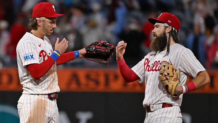 Sep 22, 2026; Philadelphia, Pennsylvania, USA; Philadelphia Phillies second baseman Bryson Stott (5) and left fielder Brandon Marsh (16) celebrate win against the Milwaukee Brewers at Citizens Bank Park. Mandatory Credit: Eric Hartline-Imagn Images Sep 22, 2026; Philadelphia, Pennsylvania, USA; Philadelphia Phillies second baseman Bryson Stott (5) and left fielder Brandon Marsh (16) celebrate win against the Milwaukee Brewers at Citizens Bank Park. Mandatory Credit: Eric Hartline-Imagn Images