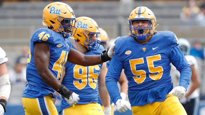 Sep 24, 2022; Pittsburgh, Pennsylvania, USA; Pittsburgh Panthers defensive lineman Sean FitzSimmons (55) celebrates his sack with fellow defensive linemen Sam Williams (46) and Chris Maloney (96) against at Acrisure Stadium. Mandatory Credit: Charles LeClaire-Imagn Images Sep 24, 2022; Pittsburgh, Pennsylvania, USA; Pittsburgh Panthers defensive lineman Sean FitzSimmons (55) celebrates his sack with fellow defensive linemen Sam Williams (46) and Chris Maloney (96) against at Acrisure Stadium. Mandatory Credit: Charles LeClaire-Imagn Images