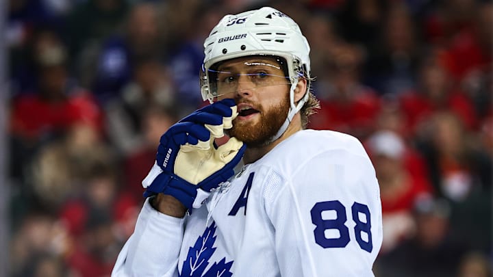 Feb 2, 2026; Calgary, Alberta, CAN; Toronto Maple Leafs right wing William Nylander (88) during the third period against the Calgary Flames at Scotiabank Saddledome. Mandatory Credit: Sergei Belski-Imagn Images