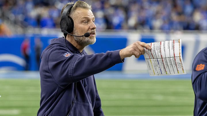 Nov 28, 2024; Detroit, Michigan, USA; Chicago Bears head coach Matt Eberflus on the sidelines during the second half against the Detroit Lions at Ford Field. Mandatory Credit: David Reginek-Imagn Images