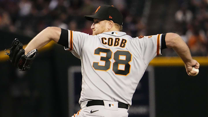 Sep 19, 2023; Phoenix, AZ, USA; San Francisco Giants starting pitcher Alex Cobb (38) throws to the