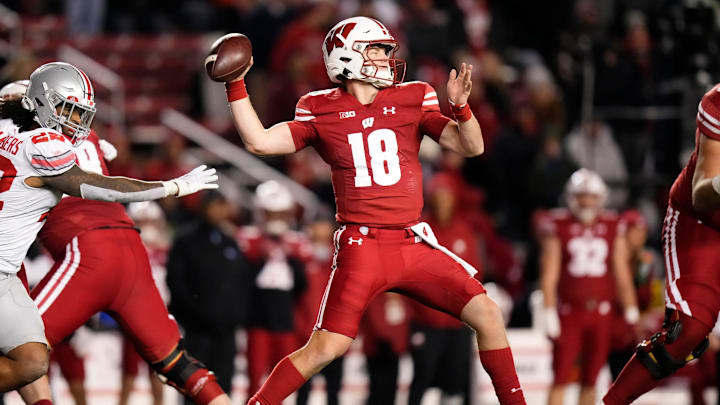 Oct 28, 2023; Madison, Wisconsin, USA; Wisconsin Badgers quarterback Braedyn Locke (18) throws a pass during the second half of the NCAA football game against the Ohio State Buckeyes at Camp Randall Stadium. Ohio State won 24-10.