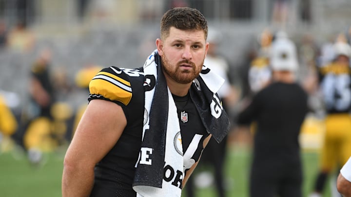 Aug 21, 2021; Pittsburgh, Pennsylvania, USA;  The Pittsburgh Steelers Christian Kuntz gets ready to play against the Detroit Lions at Heinz Field. Mandatory Credit: Philip G. Pavely-Imagn Images