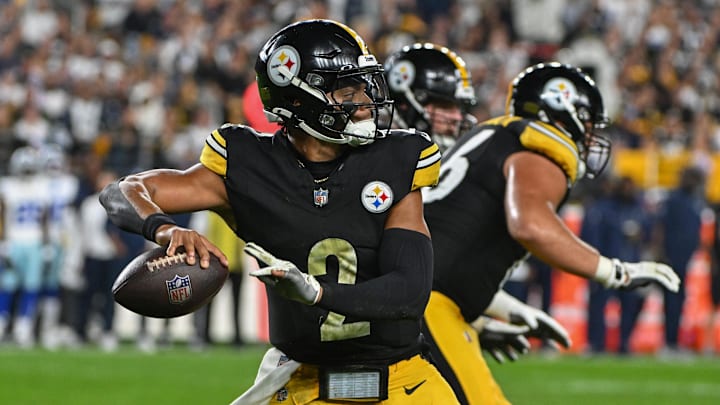 Oct 6, 2024; Pittsburgh, Pennsylvania, USA; Pittsburgh Steelers quarterback Justin Fields (2) throws a pass against the Dallas Cowboys during the first quarter at Acrisure Stadium.