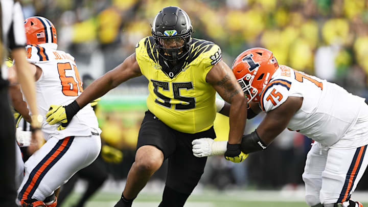 Oct 26, 2024; Eugene, Oregon, USA; Oregon Ducks defensive lineman Derrick Harmon (55) 