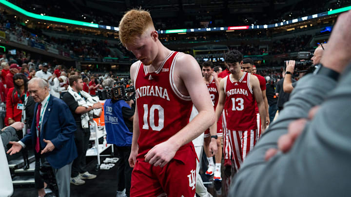 Indiana's Luke Goode (10) walks off the court after a 72-59 loss to Oregon in the Big Ten Tournament at Gainbridge Fieldhouse.