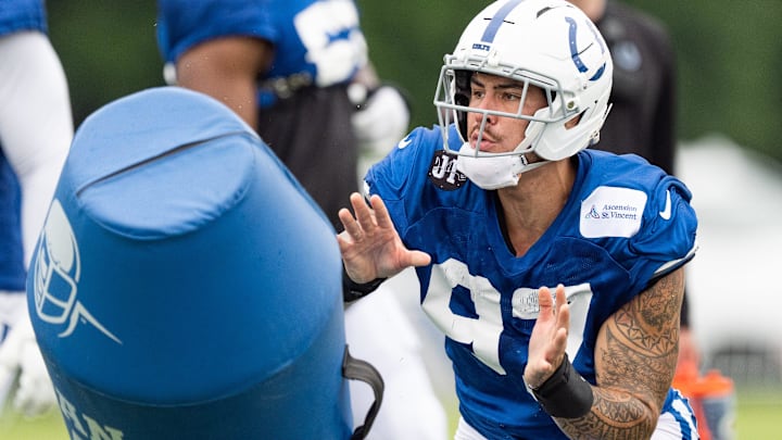 Indianapolis Colts defensive end Laiatu Latu (97) works through a drill Monday, July 28, 2025, during training camp held at Grand Park in Westfield. Indianapolis Colts defensive end Laiatu Latu (97) works through a drill Monday, July 28, 2025, during training camp held at Grand Park in Westfield.