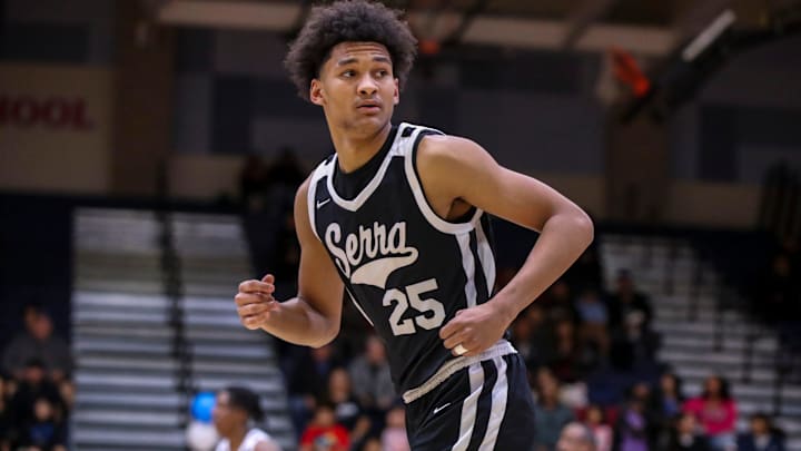 Serra's Maximo Adams (25) looks to coaches as he runs down the court during the first quarter of their first-round CIF-SS playoff game at Indio High School in Indio, Calif., Wednesday, Feb. 7, 2024. Serra's Maximo Adams (25) looks to coaches as he runs down the court during the first quarter of their first-round CIF-SS playoff game at Indio High School in Indio, Calif., Wednesday, Feb. 7, 2024.