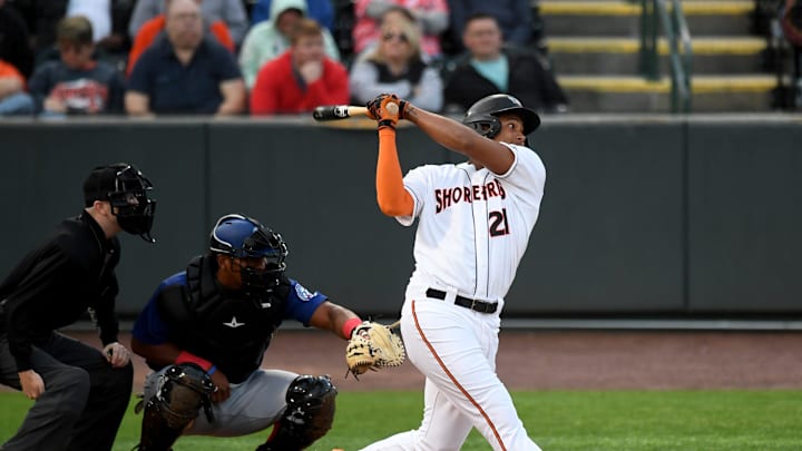 Shorebirds' Samuel Basallo (21) swings in the game against the Cannon Ballers Tuesday, April 11, 2023, at Perdue Stadium in Salisbury, Maryland. The Shorebirds defeated the Cannon Ballers 7-2.
