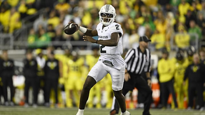 Oct 4, 2024; Eugene, Oregon, USA; Michigan State Spartans quarterback Aidan Chiles (2) throws a pass during the second half against the Oregon Ducks at Autzen Stadium. Mandatory Credit: Troy Wayrynen-Imagn Images