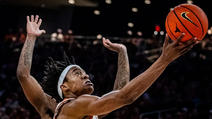 Texas Longhorns guard Tre Johnson puts the ball up in the first half as the Longhorns take on the Arkansas Razorbacks at the Moody Center, Feb. 5, 2025. Arkansas won the game 78-70.
