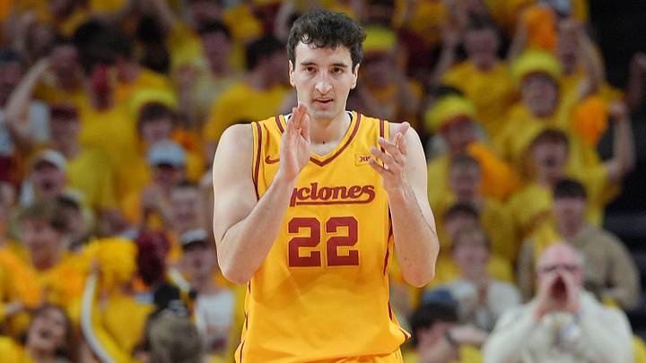 Iowa State Cyclones forward Milan Momcilovic (22) reacts after a three-point shot against Houston during the first half in the3 Big-12 men’s basketball at Hilton Coliseum on Feb. 16, 2026, in Ames, Iowa Iowa State Cyclones forward Milan Momcilovic (22) reacts after a three-point shot against Houston during the first half in the3 Big-12 men’s basketball at Hilton Coliseum on Feb. 16, 2026, in Ames, Iowa