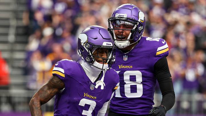 Minnesota Vikings wide receiver Jordan Addison (3) and wide receiver Justin Jefferson (18) 
