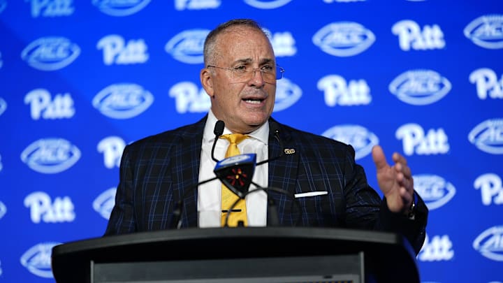 Jul 23, 2025; Charlotte, NC, USA; Pittsburgh Head Coach Pat Narduzzi answers questions from the media during ACC Media days at Hilton Charlotte Uptown. Mandatory Credit: Jim Dedmon-Imagn Images