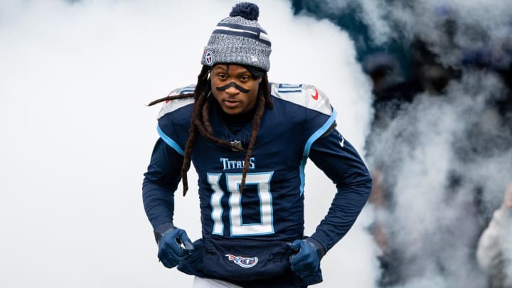 Jan 7, 2024; Nashville, Tennessee, USA;  Tennessee Titans wide receiver DeAndre Hopkins (10) takes the field during the first half against the Jacksonville Jaguarsat Nissan Stadium.