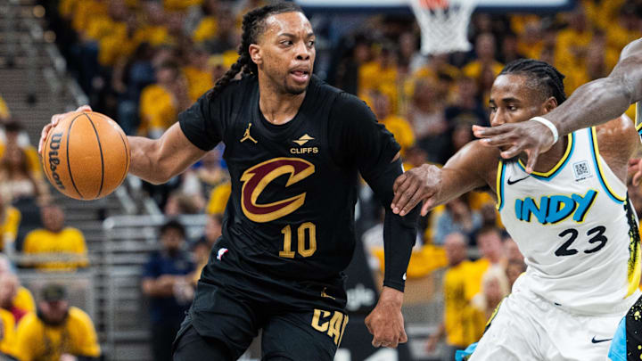 May 9, 2025; Indianapolis, Indiana, USA; Cleveland Cavaliers guard Darius Garland (10) dribbles the ball while Indiana Pacers forward Aaron Nesmith (23) defends during game three of the second round for the 2025 NBA Playoffs at Gainbridge Fieldhouse. Mandatory Credit: Trevor Ruszkowski-Imagn Images May 9, 2025; Indianapolis, Indiana, USA; Cleveland Cavaliers guard Darius Garland (10) dribbles the ball while Indiana Pacers forward Aaron Nesmith (23) defends during game three of the second round for the 2025 NBA Playoffs at Gainbridge Fieldhouse. Mandatory Credit: Trevor Ruszkowski-Imagn Images