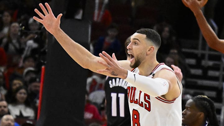 Jan 12, 2025; Chicago, Illinois, USA;  Chicago Bulls guard Zach LaVine (8) yells at ref for a wished foul against the Sacramento Kings during the second half at United Center. Mandatory Credit: Matt Marton-Imagn Images