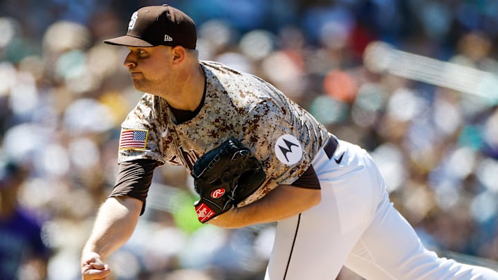 Apr 13, 2025; San Diego, California, USA; San Diego Padres starting pitcher Michael King (34) throws a pitch during the sixth inning against the Colorado Rockies at Petco Park. Mandatory Credit: David Frerker-Imagn Images