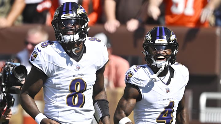 Baltimore Ravens quarterback Lamar Jackson (8) celebrates.