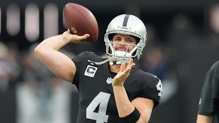 Dec 18, 2022; Paradise, Nevada, USA; Las Vegas Raiders quarterback Derek Carr (4) warms up before a game against the New England Patriots at Allegiant Stadium. Mandatory Credit: Stephen R. Sylvanie-Imagn Images Dec 18, 2022; Paradise, Nevada, USA; Las Vegas Raiders quarterback Derek Carr (4) warms up before a game against the New England Patriots at Allegiant Stadium. Mandatory Credit: Stephen R. Sylvanie-Imagn Images