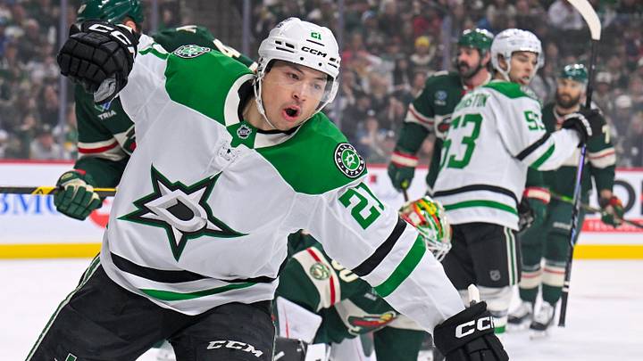 Apr 25, 2026; Saint Paul, Minnesota, USA; Dallas Stars forward Jason Robertson (21) celebrates his power play goal against the Minnesota Wild during the first period in game four of the first round of the 2026 Stanley Cup Playoffs at Grand Casino Arena. Mandatory Credit: Nick Wosika-Imagn Images