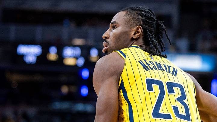Oct 28, 2026; Indianapolis, Indiana, USA;  Indiana Pacers guard Aaron Nesmith (23) in the first half against the Philadelphia 76ers at Gainbridge Fieldhouse.  Mandatory Credit: Trevor Ruszkowski-Imagn Images