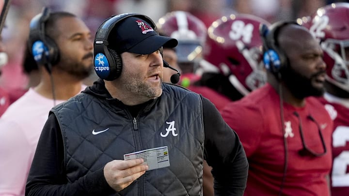 Nov 16, 2024; Tuscaloosa, AL, USA; Alabama defensive coordinator Kane Wommack calls defensive plays during the game with Mercer Bears at Bryant-Denny Stadium. Mandatory Credit: Gary Cosby Jr.-Imagn Images