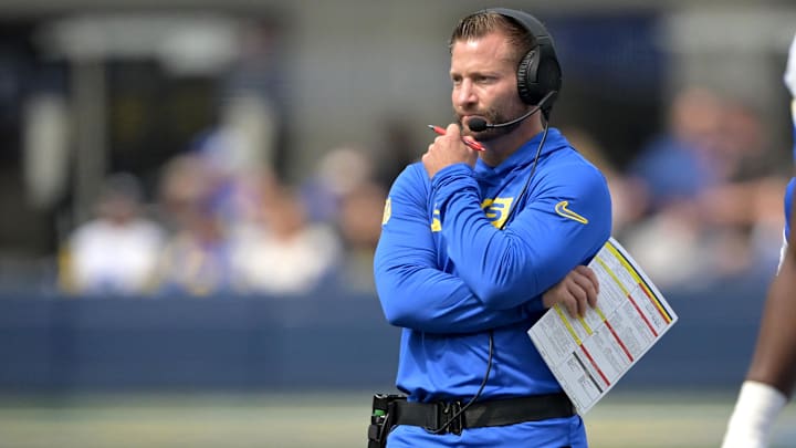 Sep 22, 2024; Inglewood, California, USA;    Los Angeles Rams head coach Sean McVay on the sidelines during the first half against the San Francisco 49ers at SoFi Stadium. Mandatory Credit: Jayne Kamin-Oncea-Imagn Images