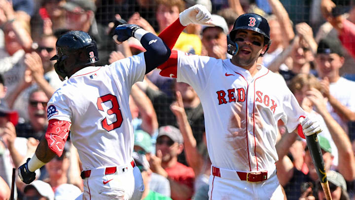 Jul 13, 2025; Boston, Massachusetts, USA; Boston Red Sox outfielder Ceddanne Rafaela (3) celebrates with third base Marcelo Mayer (39) after hitting a two-run home run against the Tampa Bay Rays during the sixth inning at Fenway Park. Mandatory Credit: Brian Fluharty-Imagn Images Jul 13, 2025; Boston, Massachusetts, USA; Boston Red Sox outfielder Ceddanne Rafaela (3) celebrates with third base Marcelo Mayer (39) after hitting a two-run home run against the Tampa Bay Rays during the sixth inning at Fenway Park. Mandatory Credit: Brian Fluharty-Imagn Images