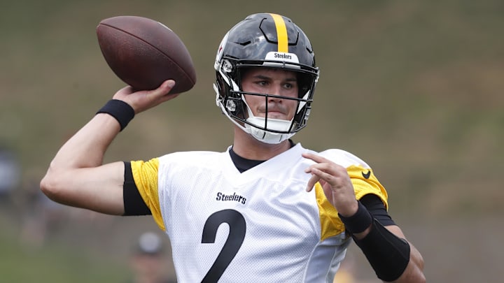 Jul 27, 2023; Latrobe, PA, USA;  Pittsburgh Steelers quarterback Mason Rudolph (2) participates in drills during training camp at Saint Vincent College. Mandatory Credit: Charles LeClaire-Imagn Images