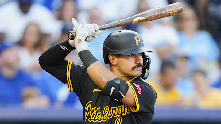 Jul 8, 2025; Kansas City, Missouri, USA; Pittsburgh Pirates second baseman Nick Gonzales (39) bats during the fourth inning against the Kansas City Royals at Kauffman Stadium. Mandatory Credit: Jay Biggerstaff-Imagn Images