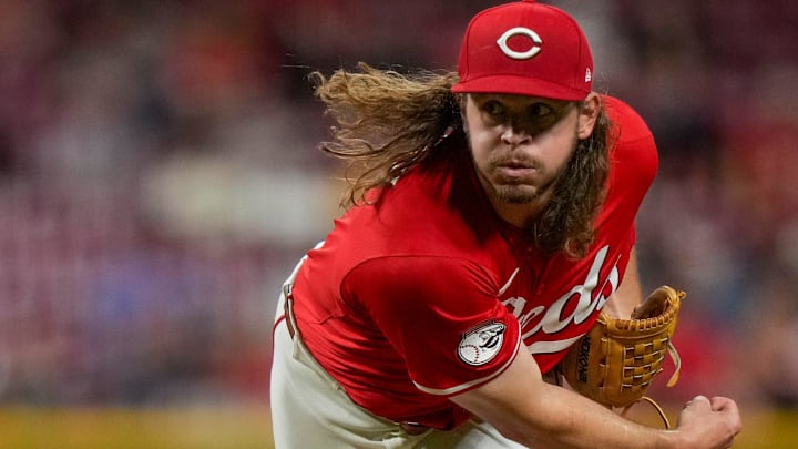 Cincinnati Reds pitcher Scott Barlow (58) throws a pitch in the seventh inning of the MLB interleague game between the Cincinnati Reds and the Minnesota Twins at Great American Ball Park in downtown Cincinnati on Tuesday, June 17, 2025. The Reds won 6-5.