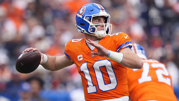 Oct 26, 2025; Denver, Colorado, USA; Denver Broncos quarterback Bo Nix (10) throws a pass against the Dallas Cowboys in the first quarter at Empower Field at Mile High. Mandatory Credit: Ron Chenoy-Imagn Images Oct 26, 2025; Denver, Colorado, USA; Denver Broncos quarterback Bo Nix (10) throws a pass against the Dallas Cowboys in the first quarter at Empower Field at Mile High. Mandatory Credit: Ron Chenoy-Imagn Images