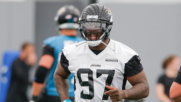 May 22, 2018; Jacksonville, FL, USA; Jacksonville Jaguars defensive tackle Malik Jackson (97) runs down field during organized team activities at TIAA Bank Field. Mandatory Credit: Reinhold Matay-USA TODAY Sports