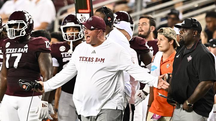 Sep 21, 2024; College Station, Texas, USA; Texas A&M Aggies head coach Mike Elko reacts during the second quarter against the Bowling Green Falcons at Kyle Field.
