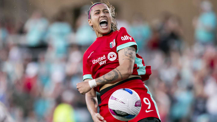 Kansas City Current forward Bia Zaneratto (9) celebrates a goal against Angel City FC during their match at CPKC Stadium.  
