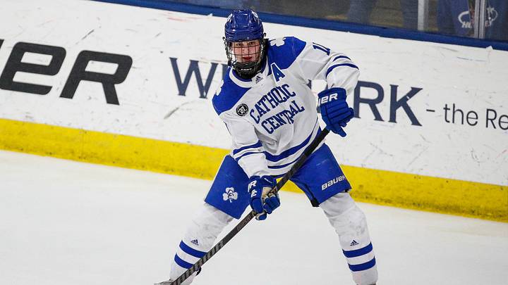 Novi Detroit Catholic Central forward Brooks Rogowski looks to pass against Brighton during the first period of the MHSAA Division 1 hockey final at USA Hockey Arena in Plymouth on Saturday, March 9, 2024.