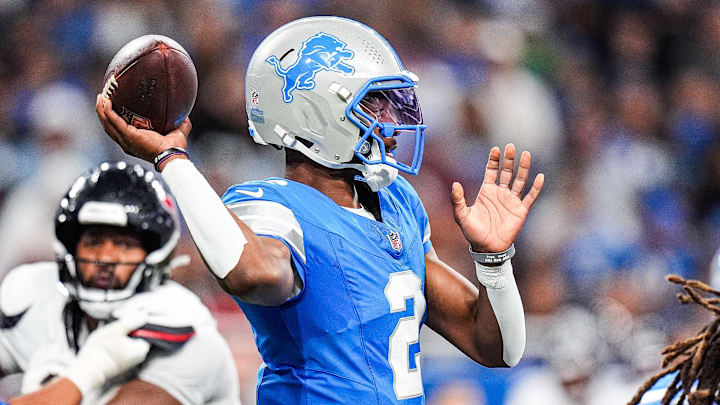 Detroit Lions quarterback Hendon Hooker (2) makes a pass against Houston Texans during the first half at Ford Field in Detroit on Saturday, August 23, 2025.